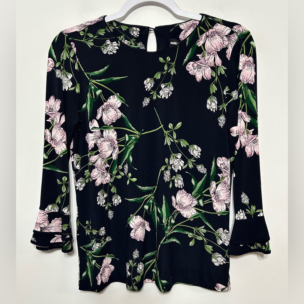 New! Karl Lagerfeld Paris Floral Yessie Trumpet Sleeve Blouse